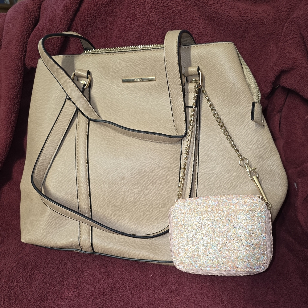 ALDO Beige Tote Bag with Glitter Pouch..